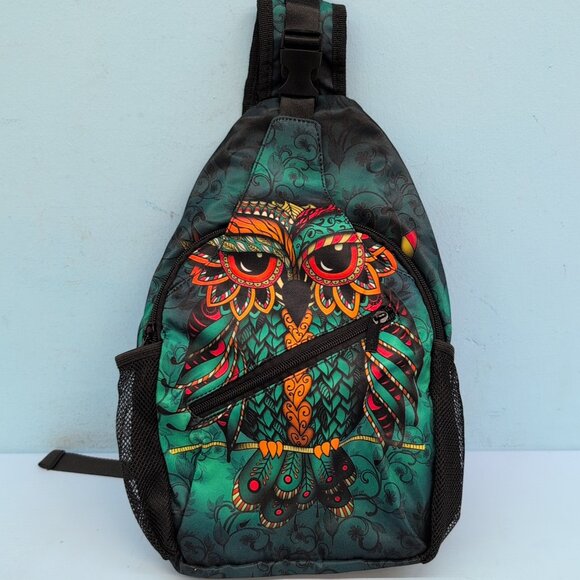 Owl Sling Bag Casual Shoulder Crossbody Travel Daypack Mesh Pocket Backpack Teal - Picture 3 of 9